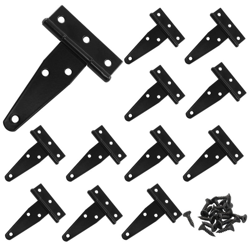 Murtenze 12Pack 3 Inch Black T-Strap Shed Hinge,Barn Door Hinges Heavy Duty Gate Strap Hinge T Hinges for Barn Door, Shed or Wooden Fences - Image 1